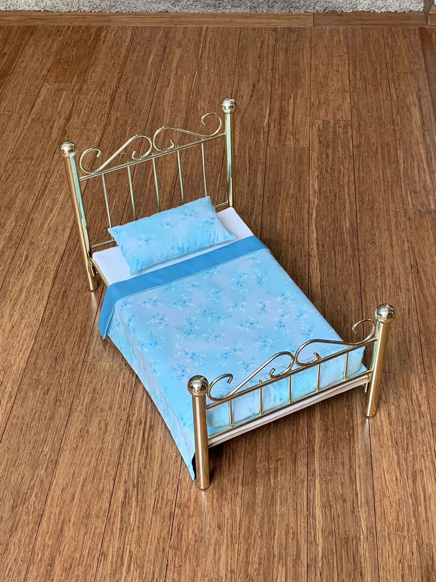 American Girl Brass Doll Bed with Handmade Bedding & Reversible Blanket 