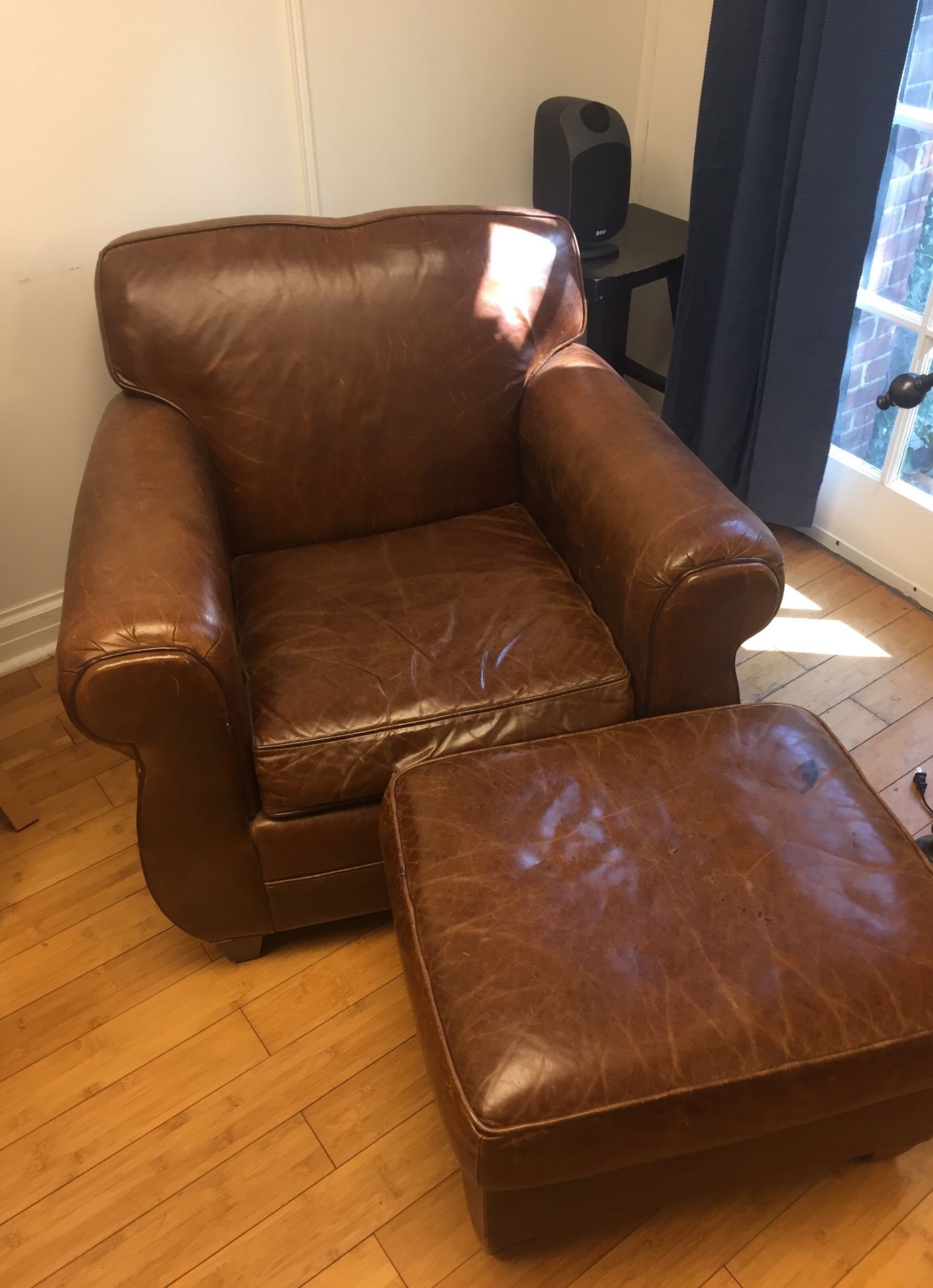 Resturation Hardware Brown Leather Chair w/ottoman