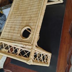 Vintage 70s Rattan Bed Tray & Lap Desk - Boho Breakfast Tray with Cup Holder