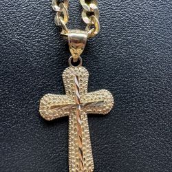 10k Gold Cuban Link With Cross Pendant 