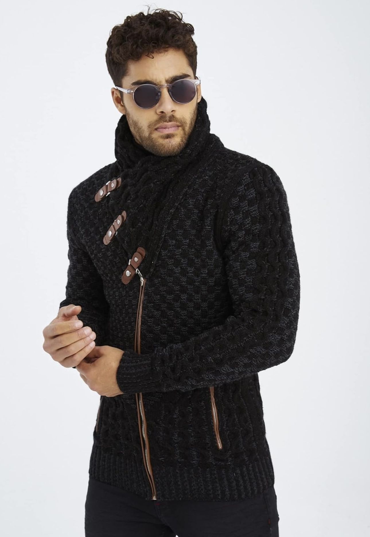 Leif Nelson Men's Knitted Jacket Turtleneck Cardigan LN5340 , Size XL, Black ( more like a large )