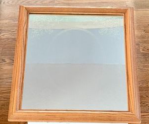 Solid Oak Wood Mirror-Rectangle -Etched Floral Scroll Design 22 x 19”. Vintage!