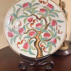 Antique Chinese Style Decorative Plates Peach Tree & Bat Motif (Symbol of Longevity & Good Fortune)