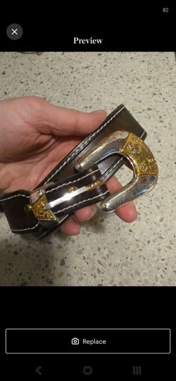 Men's Brown Leather Western Belt with Gold & Silver Engraved Buckle