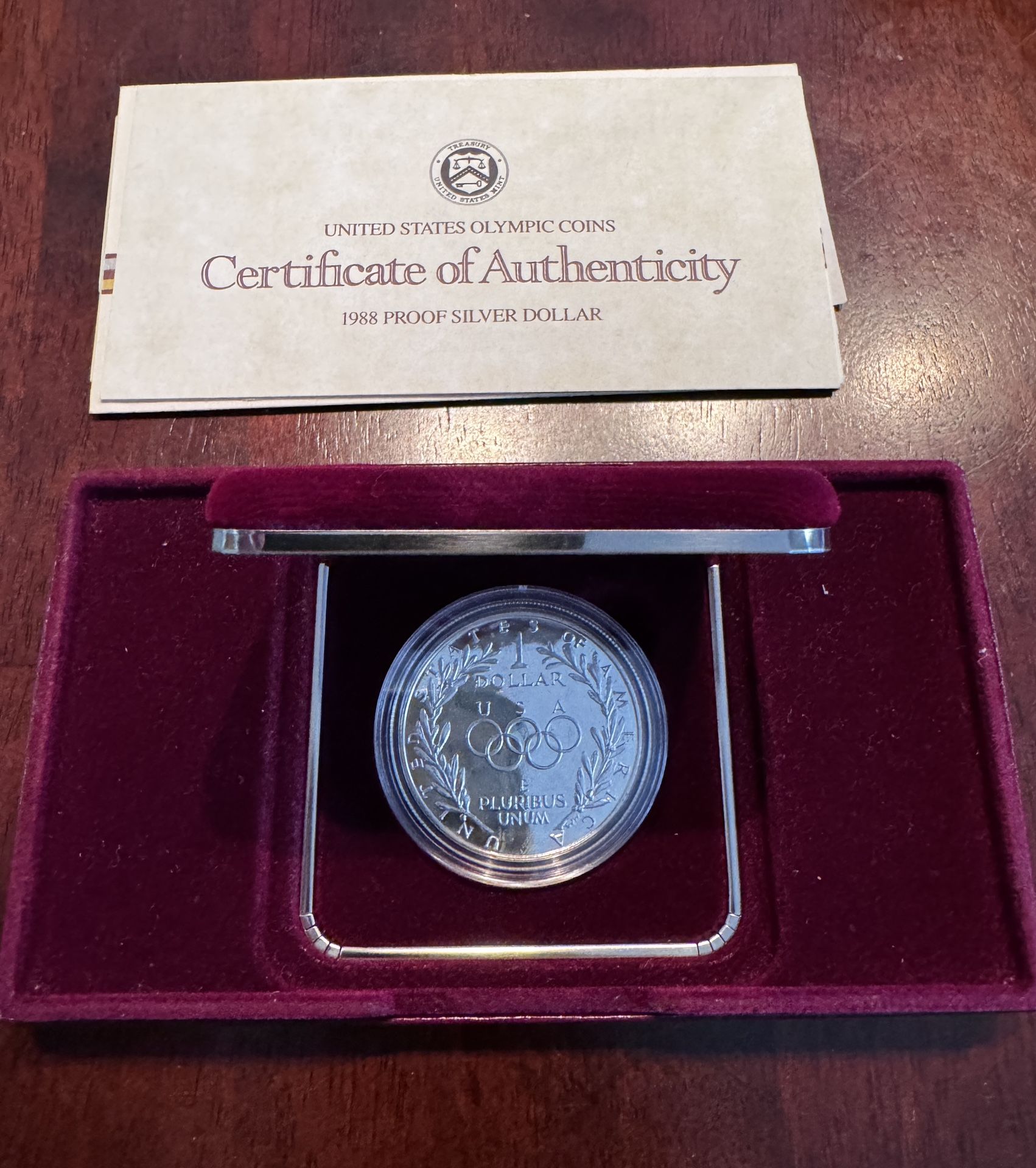 1988 PROOF 90% SILVER DOLLAR OLYMPIC COIN WITH BOX & COA