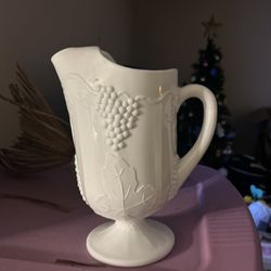White Milk Glass Pitcher With Eight Tall Matching Glasses