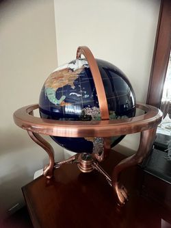 Large Lapis Blue Gemstone Globe w/ Copper Stand & Built-in Compass