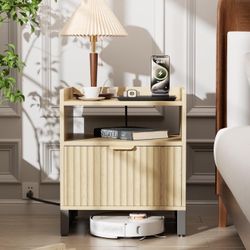New Fluted Night Stand End Table With Charging Station 
