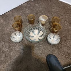 Glass Fruit Bowl Dish / Gold Plated Wine Glasses 