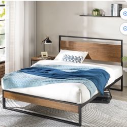 Zinus Suzanne 44" Metal and Wood Platform Bed Frame with Headboard, Chestnut Brown, Twin
