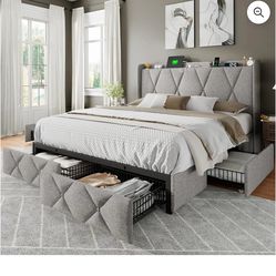 Feonase Full Bed Frame with 4 Storage Drawers, Upholstered Button Tufted Storage Headboard with Fast Charging Station, Heavy Duty Slats Support, No Bo