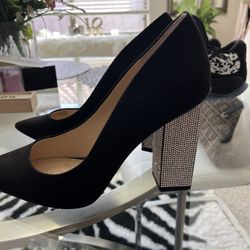 Black suede Jessica Simpson pumps with rhinestone heel