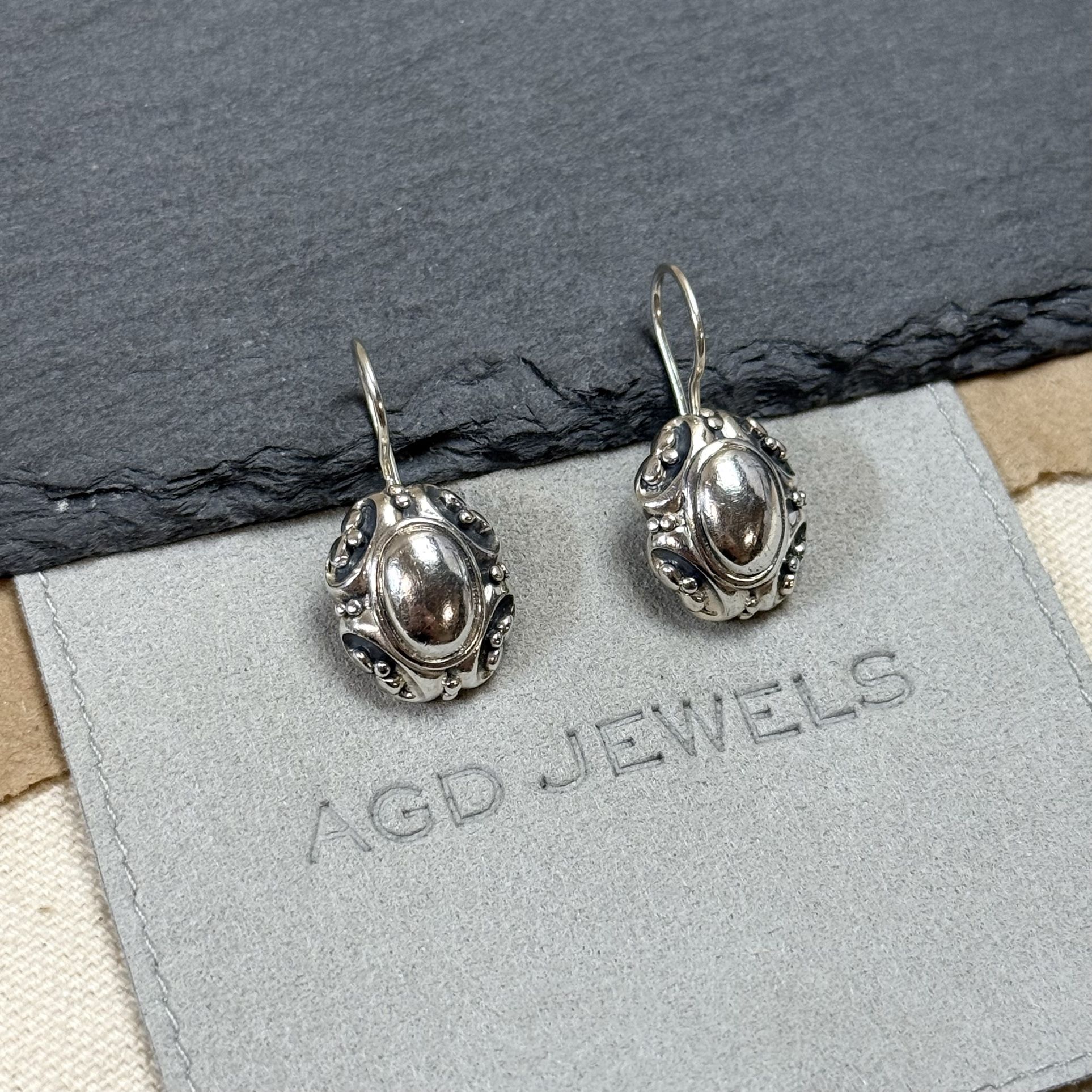 Vintage 925 Sterling Silver Bead and Scroll Design Drop Earrings