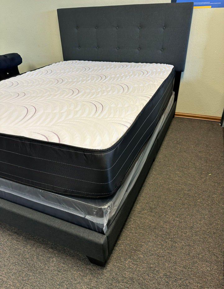 New Queen Size Charcoal Linen Bed With Mattress And Box Spring Including Free Delivery