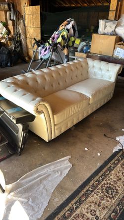 Cream Leather Tufted Roll Over Arm Full Size Couch With Stud Details