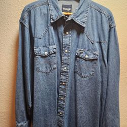 Wrangler Men Cowboy Cut Denim Pearl Snap Shirt-2XL