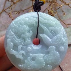 Certified Jadeite Jade Hand Carved Green Dragon Phoenix bat circle Pendant 