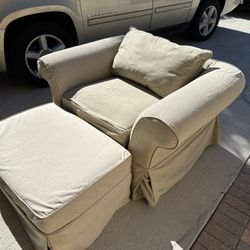 Restoration Hardware, Large comfy beige slipcover chair and ottoman