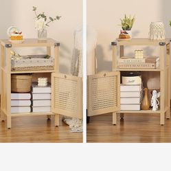 Set Of 2 Lerliuo Rattan Nightstand, Boho Side End Table with Handmade Natural Rattan Decorated Door and Open Shelf, Wood Accent Night Stand with Stora