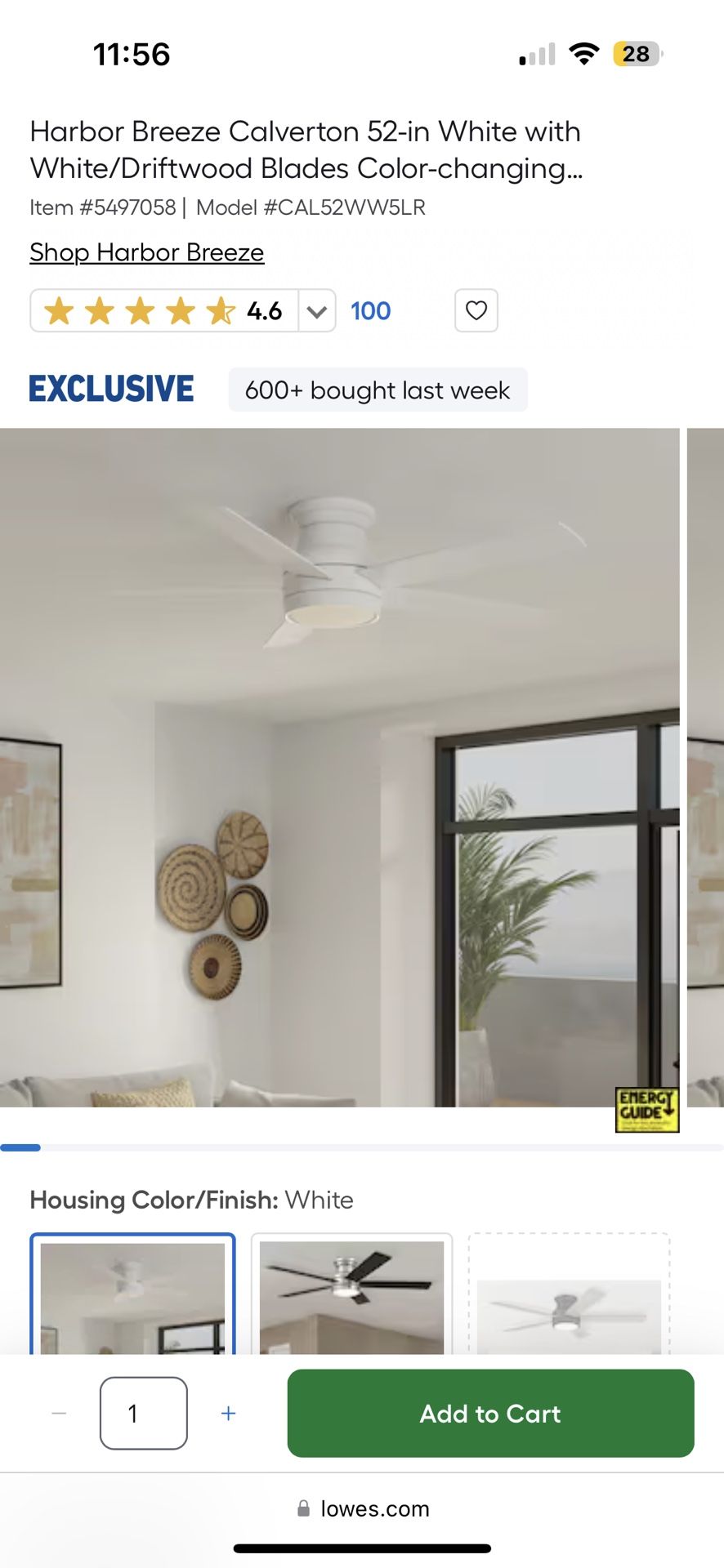 Harbor Breeze Calverton 52-in White with White/Driftwood Blades Color-changing Integrated LED Indoor Flush Mount Ceiling Fan with Light and Remote (5-
