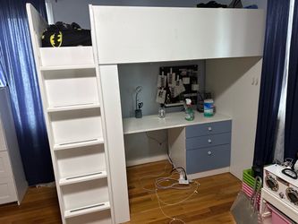 White Loft Bed with Desk and Drawers