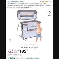 OPTIMISK 4in1 Bedside Bassinet Sleeper for Baby Girl or Boy, Portable Bassinet, Baby Crib, Playpen, Bassinet Mattress, All Mesh, 4 Wheels, and usable 