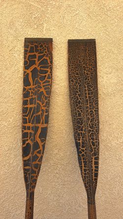 2 Vintage Hand carved Wooden Canoe Paddles with Crackle Finish 88 Inches Tall