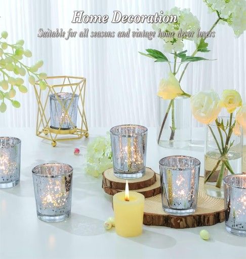 Votive Candle Holders Set of 24, Speckled Mercury Silver Candle Holders for Wedding Centerpiece Table Decorations, Tealight Candle Holder for Party Br
