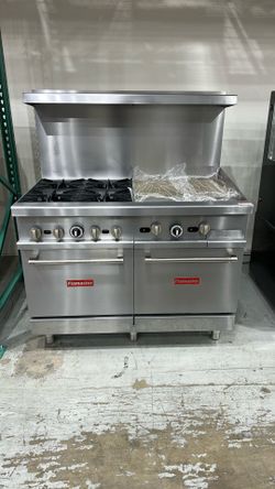 Flamaster FLM-R48-24MG 48" NG/LPG Commercial Gas Range, 4 Open Burners, 24" Griddle, and 2 Standard Ovens, 246,000 BTU