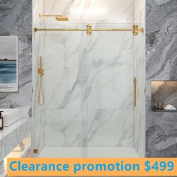 60 in. W x 76 in. H Single Sliding Frameless Shower Door in Brushed Gold with Smooth Sliding and 3/8 https://offerup.com/redirect/?o=aW4uR2xhc3M= Clea