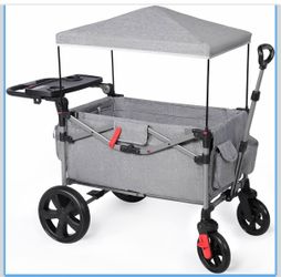 Foldable Wagons for Two Kids & Cargo, Collapsible Folding Stroller with Adjustable Handle Bar,Removable Canopy with 5-Point Harness Gray
