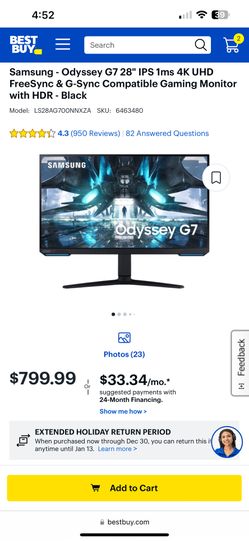 Samsung Odyssey G7 28" IPS 1ms 4k 144hz HDMI 2.1 Gaming Monitor