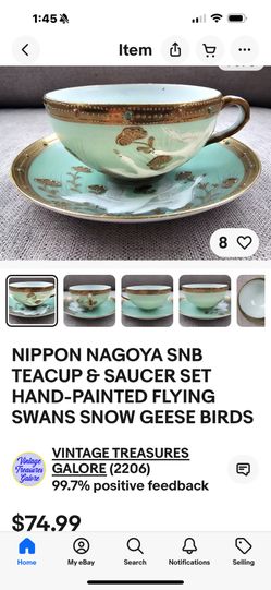 Antique NIPPON NAGOYA SNB TEACUP & SAUCER SET HAND-PAINTED FLYING SWANS SNOW GEESE BIRDS