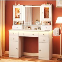 Vanity Desk with LED Mirror & RGB Lights, Large Makeup Vanity with 7 Drawers, White D-12