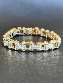 Jewelry Men's 14k solid yellow & white gold VS 6 CTW diamonds motorcycle chain bracelet 9" two tone 92 grams