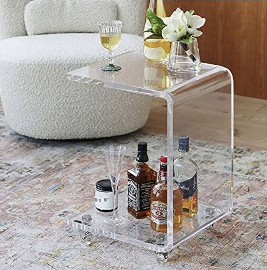 ONELUX Mobile C Shaped End Table,Acrylic Sofa Side Table, Snack Table On Wheels,Clear Rolling Table 