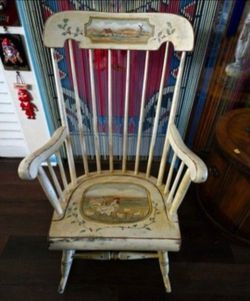 Painted Wood Rocking Chair with Arms White Floral Farm Theme 45"H 30"L 20"W