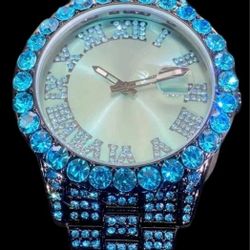 Mens Luxury Turquoise Blue Full Cover Shiny Simulated Diamond (CZ) Quartz Watch