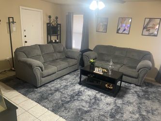 Grey double sofa set. Buttons