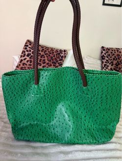 Green Ostrich Embossed Leather Tote Bag