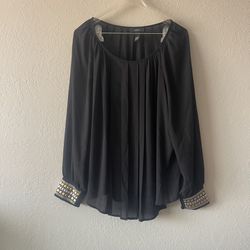 Alfani, Women’s Black Studded Longsleeve Sheer Scoop Neck Blouse, Size 18W