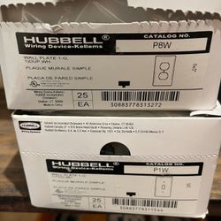 Hubble 25 count boxes of duplex receptacle cover plates and single gang switch cover plates . All white. 