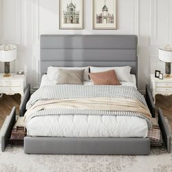 Queen Size Storage Platform Bed Frame with 4 Drawers & Upholstered Velvet Slat H