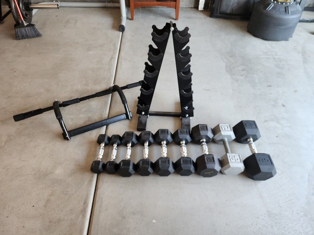 Dumbell Assortment with Rack and Pull up -Bar