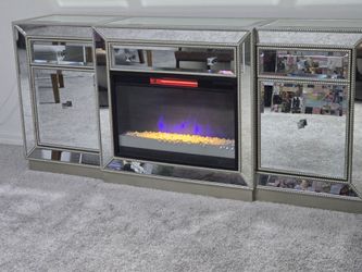 Mirrored TV stand with fireplace
