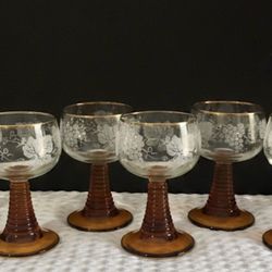 Set of 6 Vintage Luminarc France Roemer Wine Glasses - Amber Beehive Stem - Gold Rim - Etched Grapes