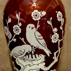 Anchor Hocking Ruby Red 9" scalloped Edge Vase White Birds Flowers