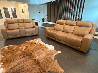 Camel Genuine Leather Power Reclining Sofa and Loveseat Set