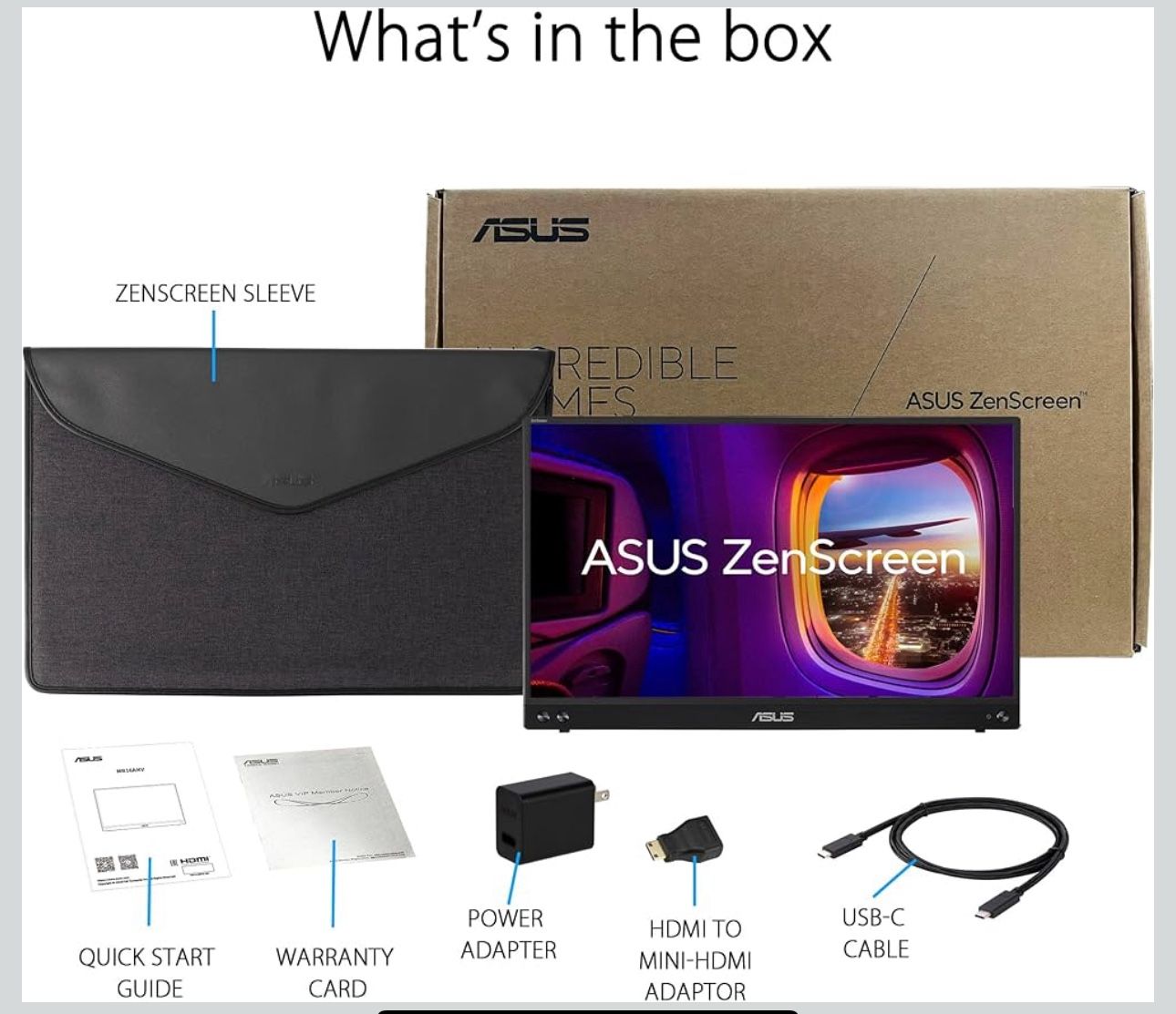 ASUS ZenScreen 16” (15.6 inch viewable) 1080P USB-C Portable Monitor (MB16AHV) - Full HD, IPS, Blue Light Filter, Anti-glare, Mini HDMI, Kickstand
