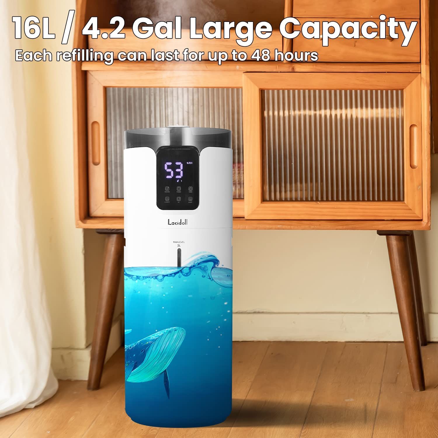 Humidifiers for Large Room Wholehouse Humidifier 1000 sq. ft 4.2 Gal 16L Floor Humidifier 360° Nozzles Cool Mist Ultrasonic Humidifier 1000mL/h Output
